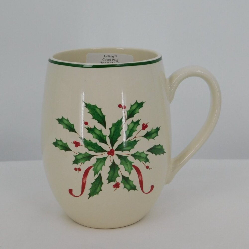 Lenox Holiday 18 oz Cocoa Mug Christmas Holly Motif 4.75" Tall New in Box - Picture 2 of 10